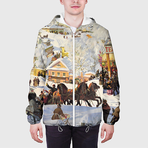 Мужская куртка Русская тройка зимой - картина Масленица Кустодиев / 3D-Белый – фото 3
