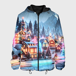 Куртка с капюшоном мужская Городок в новогодних огоньках, цвет: 3D-черный