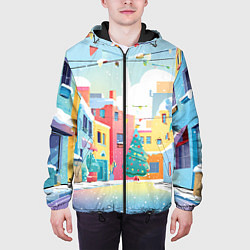 Куртка с капюшоном мужская Разноцветный новогодний дворик, цвет: 3D-черный — фото 2