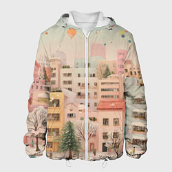 Куртка с капюшоном мужская Объемный новогодний город, цвет: 3D-белый