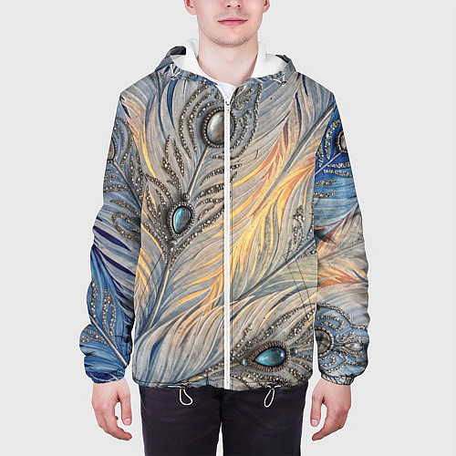 Мужская куртка Синие перья с самоцветами / 3D-Белый – фото 3