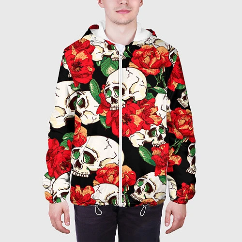Мужская куртка Черепки и розы / 3D-Белый – фото 3