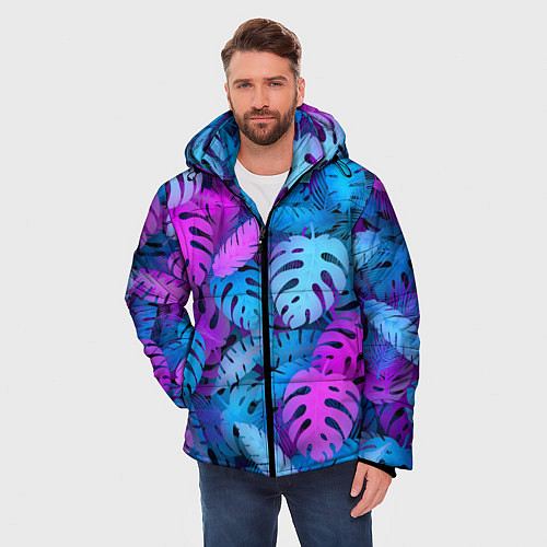 Мужская зимняя куртка Сине-розовые тропики / 3D-Черный – фото 3