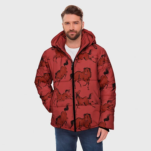 Мужская зимняя куртка Красные кони / 3D-Черный – фото 3