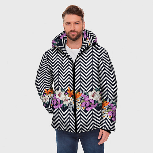 Мужская зимняя куртка Тропически цветы с орнаментом / 3D-Черный – фото 3