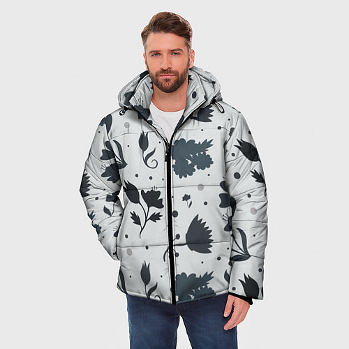 Мужская зимняя куртка Чёрно-белые цветы / 3D-Черный – фото 3