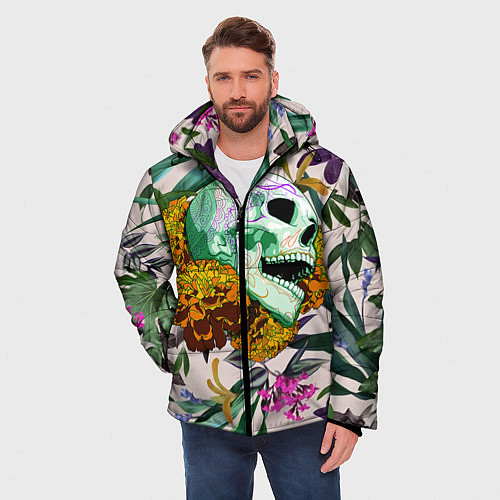 Мужская зимняя куртка Череп в цветах / 3D-Черный – фото 3