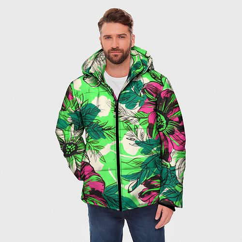 Мужская зимняя куртка Цветы в неоне / 3D-Черный – фото 3