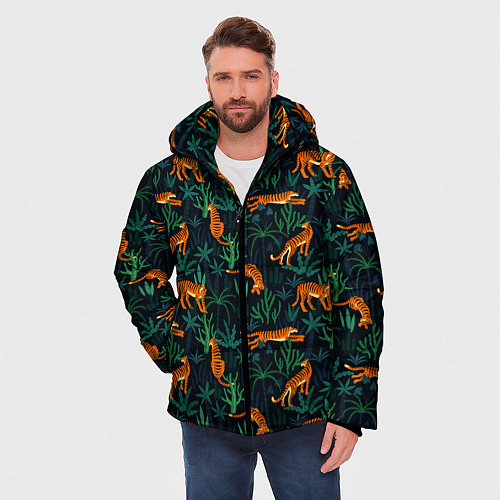 Мужская зимняя куртка Паттерн из Тигров и Растений / 3D-Светло-серый – фото 3