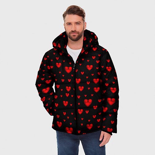 Мужская зимняя куртка Красные сердца / 3D-Черный – фото 3