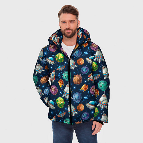 Мужская зимняя куртка Мультяшные планеты / 3D-Черный – фото 3