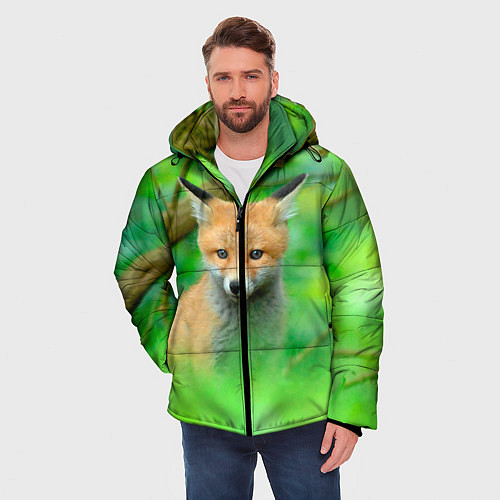 Мужская зимняя куртка Лисенок в зеленом лесу / 3D-Черный – фото 3