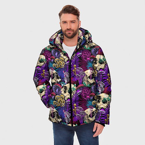 Мужская зимняя куртка Психоделика - черепа и грибы / 3D-Черный – фото 3
