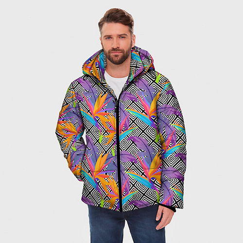 Мужская зимняя куртка Тропические цветы и узоры / 3D-Черный – фото 3