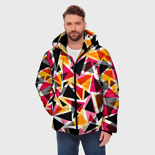 Мужская зимняя куртка Разноцветные треугольники / 3D-Черный – фото 3