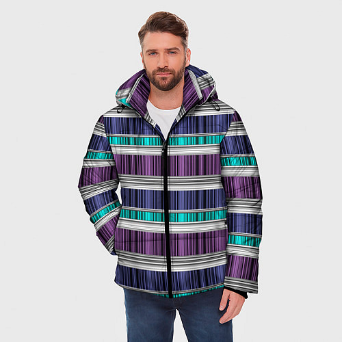 Мужская зимняя куртка Бирюзово-сиреневый полосатый / 3D-Черный – фото 3