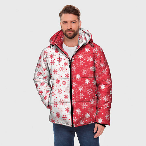 Мужская зимняя куртка Снежинки - новогодние узоры / 3D-Красный – фото 3