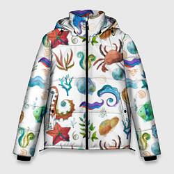 Куртка зимняя мужская Морской паттерн с крабами и водорослями, цвет: 3D-черный