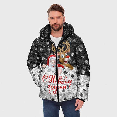Мужская зимняя куртка С Новым Годом дед мороз и олень / 3D-Черный – фото 3