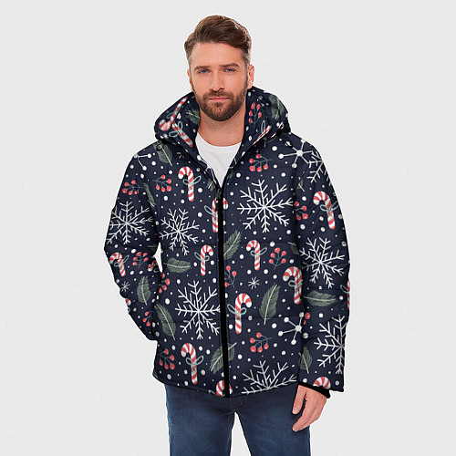 Мужская зимняя куртка Паттерн с веточками / 3D-Черный – фото 3