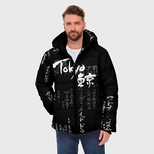 Мужская зимняя куртка Токио Надпись Иероглифы Япония Tokyo / 3D-Черный – фото 3