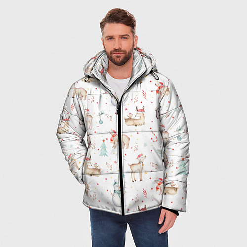 Мужская зимняя куртка Паттерн с оленями и медведями / 3D-Черный – фото 3
