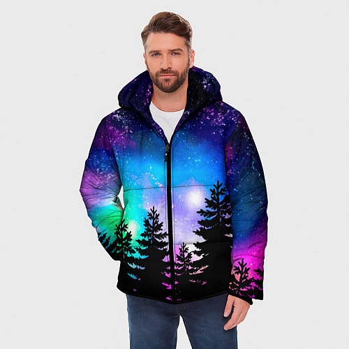 Мужская зимняя куртка Космический лес, елки и звезды / 3D-Черный – фото 3