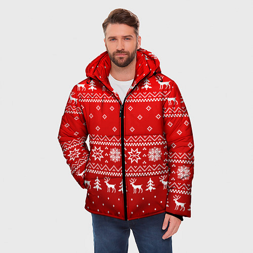 Мужская зимняя куртка Красный узор с оленями / 3D-Черный – фото 3