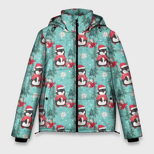 Мужская зимняя куртка Пингвинчики новый год / 3D-Красный – фото 1