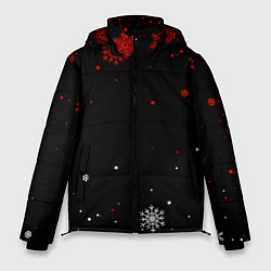Куртка зимняя мужская КРАСНО БЕЛЫЕ СНЕЖИНКИ НА ЧЁРНОМ ФОНЕ, цвет: 3D-красный