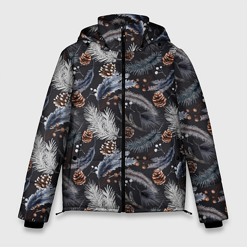 Мужская зимняя куртка Узор из еловых веток и шишек Акварельный рисунок / 3D-Светло-серый – фото 1