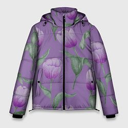 Мужская зимняя куртка Фиолетовые тюльпаны с зелеными листьями