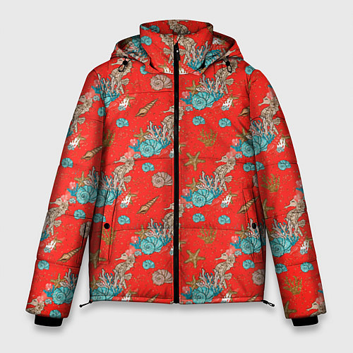 Мужская зимняя куртка Морские коньки паттерн / 3D-Красный – фото 1
