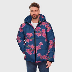 Куртка зимняя мужская Веточки айвы с розовыми цветами на синем фоне, цвет: 3D-черный — фото 2
