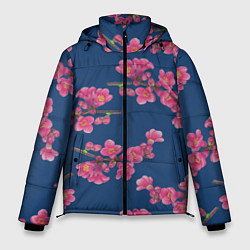 Мужская зимняя куртка Веточки айвы с розовыми цветами на синем фоне
