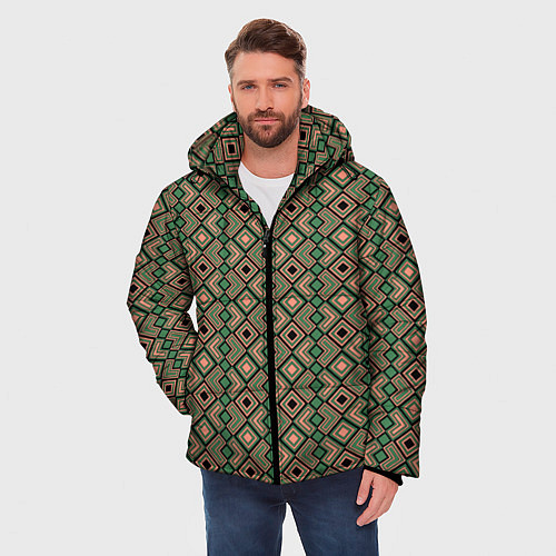 Мужская зимняя куртка Абстракция из черных, зеленых и бежевых квадратов / 3D-Черный – фото 3