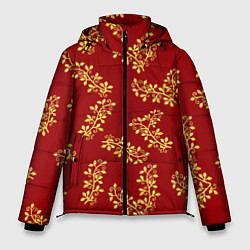 Мужская зимняя куртка Золотые веточки на ярко красном фоне