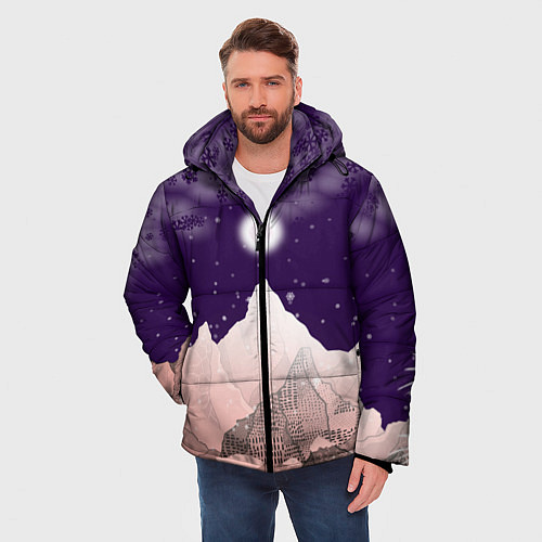 Мужская зимняя куртка Зимнее лунное небо в горах со снегопадом / 3D-Черный – фото 3