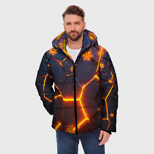 Мужская зимняя куртка НОВОГОДНИЕ ОГНЕННЫЕ 3D ПЛИТЫ FIRE NEON HEXAGON / 3D-Светло-серый – фото 3