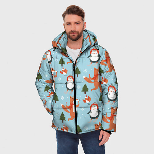 Мужская зимняя куртка Лисята и пингвины Новый год 2022 / 3D-Черный – фото 3