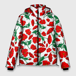 Куртка зимняя мужская Цветы Красные Маки на белом фоне, цвет: 3D-красный