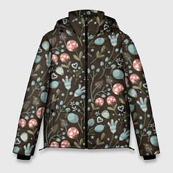 Куртка зимняя мужская Цветы и ягоды паттерн, цвет: 3D-черный