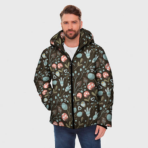 Мужская зимняя куртка Цветы и ягоды паттерн / 3D-Черный – фото 3