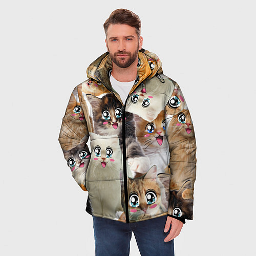 Мужская зимняя куртка Много кошек с большими анимэ глазами / 3D-Светло-серый – фото 3