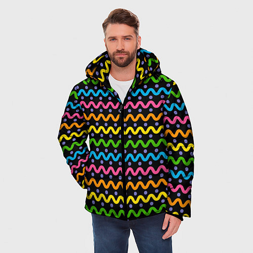 Мужская зимняя куртка Разноцветные волнистые линии / 3D-Черный – фото 3