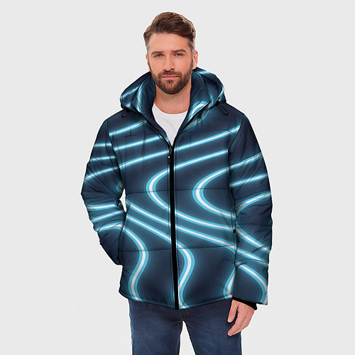 Мужская зимняя куртка Неоновый свет Волны голубые на темном фоне / 3D-Черный – фото 3