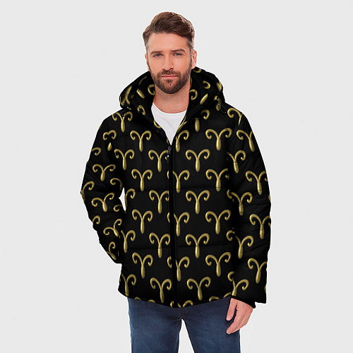 Мужская зимняя куртка Золотой овен на черном фоне Паттерн / 3D-Черный – фото 3