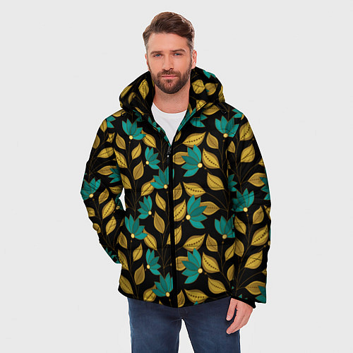 Мужская зимняя куртка Золотые и зеленые листья / 3D-Черный – фото 3