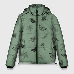 Мужская зимняя куртка Цветочки и бабочки на зеленом фоне