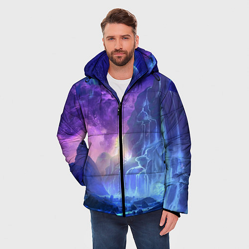 Мужская зимняя куртка Фантастический пейзаж Водопад Неон / 3D-Черный – фото 3